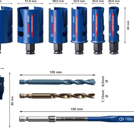 Bosch Expert Construction Material Lochsägen Set 10 tlg. 20 / 25 / 32 / 38 / 51 / 64 x 60 mm ( 2608900490 ) Carbide Technology für Dreh- und Schlagbohrer