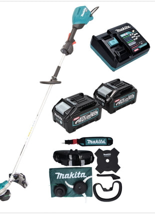 Desbrozadora de batería Makita UR 003 GM201 40 V sin escobillas IPX4 + 2x baterías 4,0 Ah + cargador + correa para el hombro + cabezal de corte + cabezal de hilo + cuchillo para moscas + bolsa