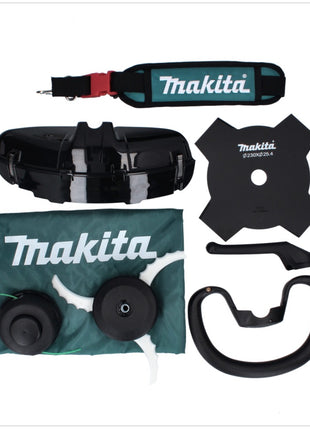 Desbrozadora de batería Makita UR 003 GM201 40 V sin escobillas IPX4 + 2x baterías 4,0 Ah + cargador + correa para el hombro + cabezal de corte + cabezal de hilo + cuchillo para moscas + bolsa