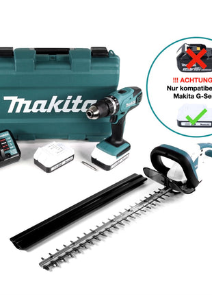 Makita HP 457 DWE Perceuse-visseuse à percussion sans fil série G 18 V 42 Nm en coffret + UH 522 DZ Taille-haie sans fil 52 cm + 2x batterie 1,5 Ah + chargeur