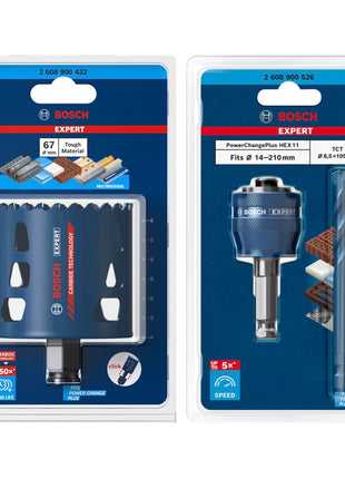 Bosch EXPERT Tough Material Lochsägen Starter Set 67 x 60 mm Carbide ( 2608900432 ) Universal + Power Change Adapter ( 2608900526 )