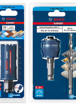 Bosch EXPERT Tough Material Lochsägen Starter Set 32 x 60 mm Carbide ( 2608900422 ) Universal + Power Change Adapter ( 2608900527 )