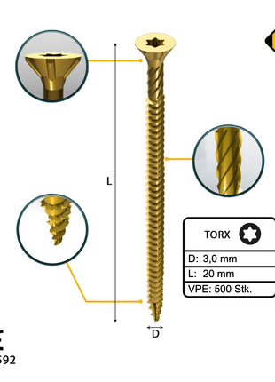 FORTE Tools Universal Holzschraube 3,0 x 20 mm T10 500 Stk. ( 000051399462 ) gelb verzinkt Torx Senkkopf Vollgewinde