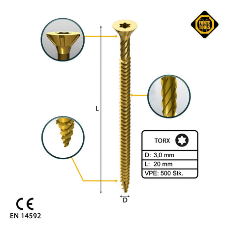 FORTE Tools Universal Holzschraube 3,0 x 20 mm T10 500 Stk. ( 000051399462 ) gelb verzinkt Torx Senkkopf Vollgewinde