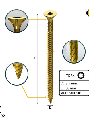 FORTE Tools Universal Holzschraube 3,5 x 30 mm T15 200 Stk. ( 000051399468 ) gelb verzinkt Torx Senkkopf Vollgewinde