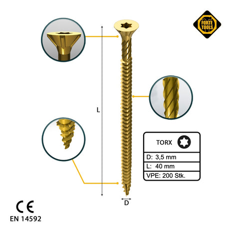 FORTE Tools Universal Holzschraube 3,5 x 40 mm T15 200 Stk. ( 000051399470 ) gelb verzinkt Torx Senkkopf Vollgewinde - Toolbrothers