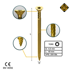 FORTE Tools uniwersalny wkręt do drewna 4,5 x 40 mm T20 200 szt. ( 000051399478 ) ocynkowany na żółto z łbem stożkowym Torx z pełnym gwintem