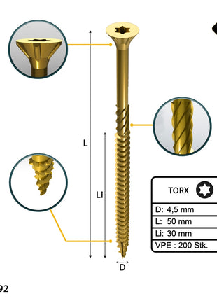 FORTE Tools Universal Holzschraube 4,5 x 50 mm T20 200 Stk. ( 000051399479 ) gelb verzinkt Torx Senkkopf Teilgewinde