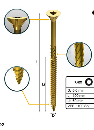 FORTE Tools Universal Holzschraube 6,0 x 100 mm T30 100 Stk. ( 000051399491 ) gelb verzinkt Torx Senkkopf Teilgewinde