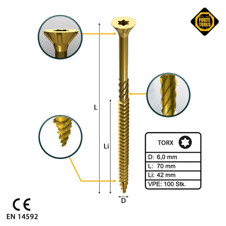 FORTE Tools Universal Holzschraube 6,0 x 70 mm T30 100 Stk. ( 000051399495 ) gelb verzinkt Torx Senkkopf Teilgewinde