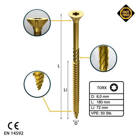 FORTE Tools Universal Holzschraube 6,0 x 180 mm T30 50 Stk. ( 000051399500 ) gelb verzinkt Torx Senkkopf Teilgewinde