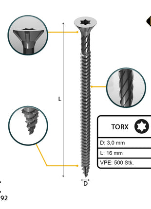 FORTE Tools Universal Holzschraube 3,0 x 16 mm T10 500 Stk. ( 000040113856 ) silber verzinkt Torx Senkkopf Vollgewinde - Toolbrothers