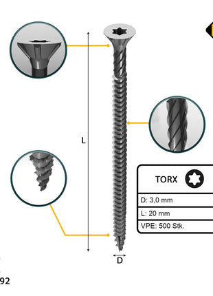 FORTE Tools Universal Holzschraube 3,0 x 20 mm T10 500 Stk. ( 000040113857 ) silber verzinkt Torx Senkkopf Vollgewinde