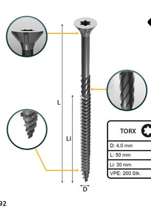 FORTE Tools Universal Holzschraube 4,0 x 50 mm T20 200 Stk. ( 000040113870 ) silber verzinkt Torx Senkkopf Teilgewinde