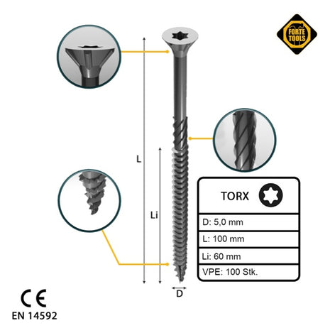 FORTE Tools Universal Holzschraube 5,0 x 100 mm T25 100 Stk. ( 000040113878 ) silber verzinkt Torx Senkkopf Teilgewinde