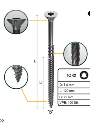 FORTE Tools Universal Holzschraube 5,0 x 120 mm T25 100 Stk. ( 000040113879 ) silber verzinkt Torx Senkkopf Teilgewinde