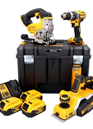 Kit combiné batterie DeWalt perceuse à percussion 18 V DCD 796 + scie sauteuse DCS 331 + raboteuse DCP 580 + 3x batteries 5,0 Ah + chargeur + TSTAK