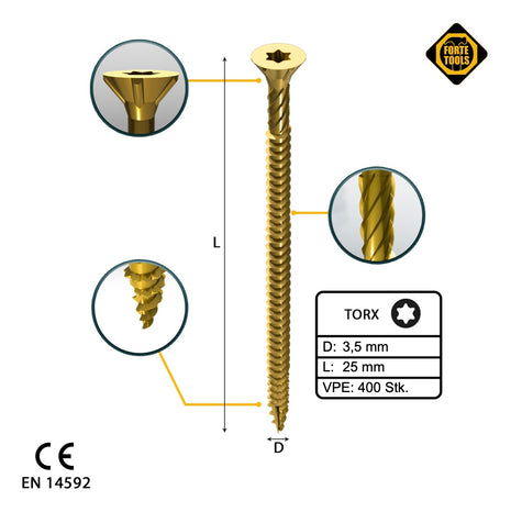 FORTE Tools Universal Holzschraube 3,5 x 25 mm T15 400 Stk. ( 2x 000051399467 ) gelb verzinkt Torx Senkkopf Vollgewinde