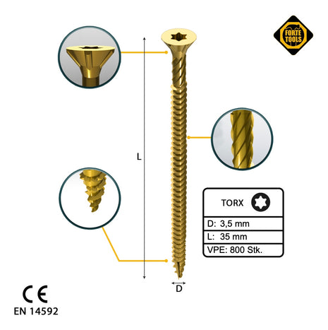 FORTE Tools tornillo universal para madera 3,5 x 35 mm T15 800 piezas (4x 000051399469) cabeza avellanada Torx galvanizada amarilla rosca completa