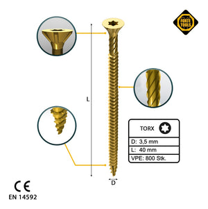 FORTE Tools Universal Holzschraube 3,5 x 40 mm T15 800 Stk. ( 4x 000051399470 ) gelb verzinkt Torx Senkkopf Vollgewinde