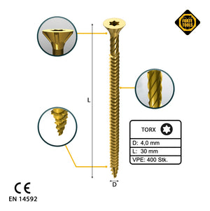 FORTE Tools Universal Holzschraube 4,0 x 30 mm T20 400 Stk. ( 2x 000051399473 ) gelb verzinkt Torx Senkkopf Vollgewinde