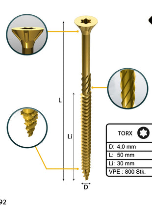 FORTE Tools Universal Holzschraube 4,0 x 50 mm T20 800 Stk. ( 4x 000051399475 ) gelb verzinkt Torx Senkkopf Teilgewinde - Toolbrothers