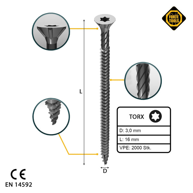 FORTE Tools Universal Holzschraube 3,0 x 16 mm T10 2000 Stk. ( 4x 000040113856 ) silber verzinkt Torx Senkkopf Vollgewinde - Toolbrothers