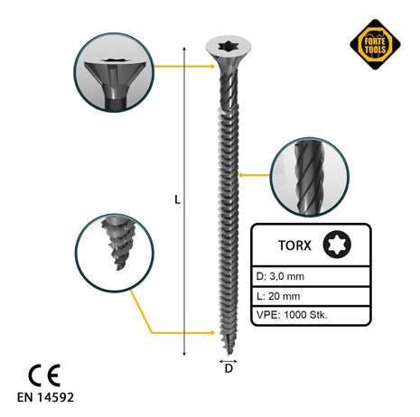 FORTE Tools Universal Holzschraube 3,0 x 20 mm T10 1000 Stk. ( 2x 000040113857 ) silber verzinkt Torx Senkkopf Vollgewinde