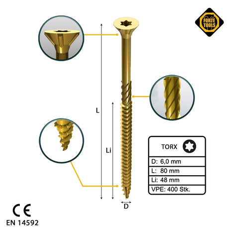 FORTE Tools Universal Holzschraube 6,0 x 80 mm T30 400 Stk. ( 4x 000051399496 ) gelb verzinkt Torx Senkkopf Teilgewinde