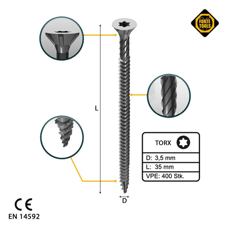 FORTE Tools Universal Holzschraube 3,5 x 35 mm T15 400 Stk. ( 2x 000040113864 ) silber verzinkt Torx Senkkopf Vollgewinde