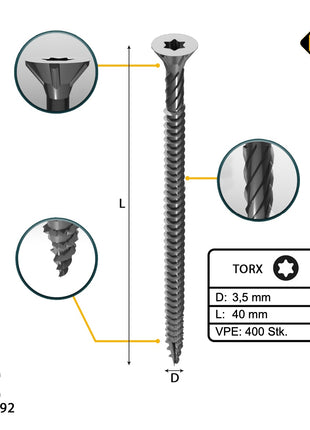 FORTE Tools Universal Holzschraube 3,5 x 40 mm T15 400 Stk. ( 2x 000040113865 ) silber verzinkt Torx Senkkopf Vollgewinde