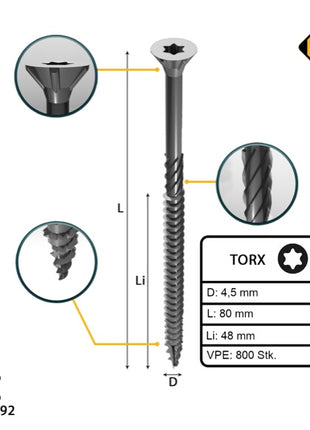 FORTE Tools Universal Holzschraube 4,5 x 80 mm T20 800 Stk. ( 4x 000040113877 ) silber verzinkt Torx Senkkopf Teilgewinde