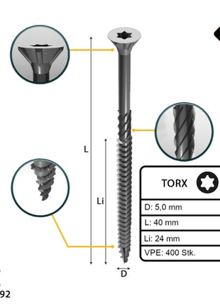 FORTE Tools Universal Holzschraube 5,0 x 40 mm T25 400 Stk. ( 2x 000040113880 ) silber verzinkt Torx Senkkopf Teilgewinde - Toolbrothers