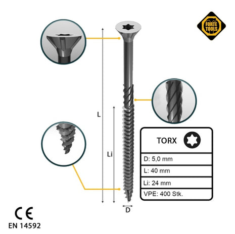 FORTE Tools Universal Holzschraube 5,0 x 40 mm T25 400 Stk. ( 2x 000040113880 ) silber verzinkt Torx Senkkopf Teilgewinde - Toolbrothers