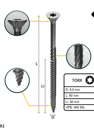 FORTE Tools Universal Holzschraube 5,0 x 60 mm T25 400 Stk. ( 2x 000040113882 ) silber verzinkt Torx Senkkopf Teilgewinde