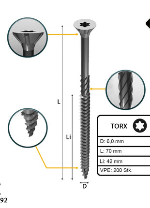 FORTE Tools Universal Holzschraube 6,0 x 70 mm T30 200 Stk. ( 2x 000040113890 ) silber verzinkt Torx Senkkopf Teilgewinde