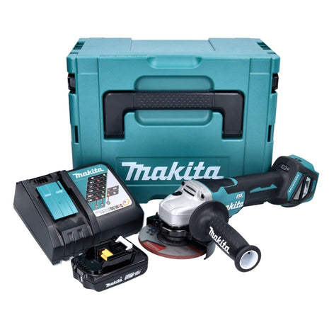 Amoladora angular a batería Makita DGA 515 RA1J 18 V 125 mm sin escobillas + 1x batería 2,0 Ah + cargador + Makpac