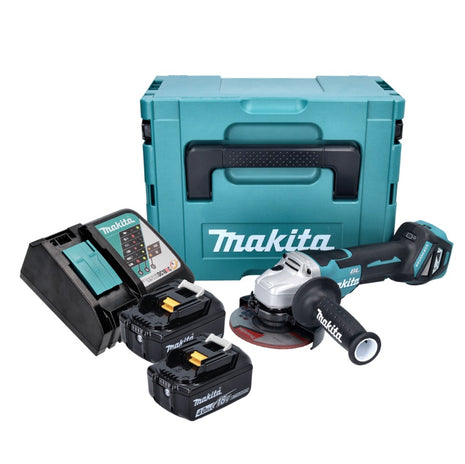 Amoladora angular a batería Makita DGA 515 RMJ 18 V 125 mm sin escobillas + 2x baterías 4,0 Ah + cargador + Makpac