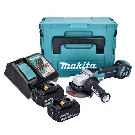 Amoladora angular a batería Makita DGA 515 RTJ 18 V 125 mm sin escobillas + 2x baterías 5,0 Ah + cargador + Makpac