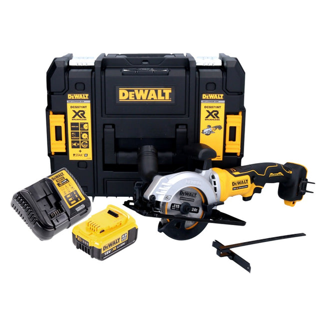 Akumulatorowa pilarka tarczowa DeWalt DCS 571 M1 18 V 115 mm bezszczotkowa + 1x akumulator 4,0 Ah + ładowarka + TSTAK