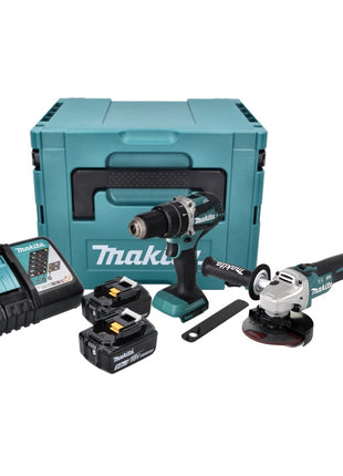 Kit combiné batterie Makita DLX 2272 TJ Meuleuse d'angle sur batterie DGA 513 + perceuse à percussion sur batterie DHP 484 + 2x batterie 5,0 Ah + chargeur + Makpac