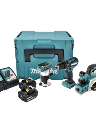 Makita DLX 3116 TJ Akku Combo Kit DHP 485 Akku Schlagbohrschrauber + DKP 180 Akku Hobel + DRT 50 Akku Multifunktionsfräse + 2x Akku 5,0 Ah + Ladegerät + Makpac