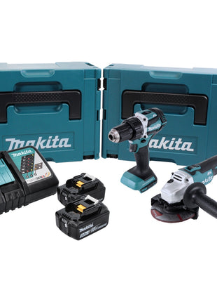 Makita DLX 2190 TJ1 Combo Kit perceuse-visseuse sans fil DDF 484 + Meuleuse d'angle sans fil DGA 504 + 2x Batteries 5,0Ah + Chargeur + 2x Coffrets Makpac