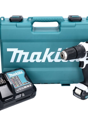 Makita HP 333 DSAW taladro percutor inalámbrico 12 V 30 Nm blanco + 1x batería 2,0 Ah + cargador + maletín