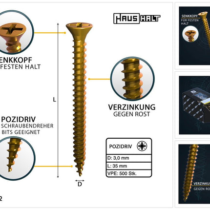 HausHalt Universal Holzbauschraube Holzschraube 3,0 x 35 mm PZ1 500 Stk. ( 000051371128 ) gelb verzinkt Kreuzschlitz Pozidriv Senkkopf Vollgewinde - Toolbrothers