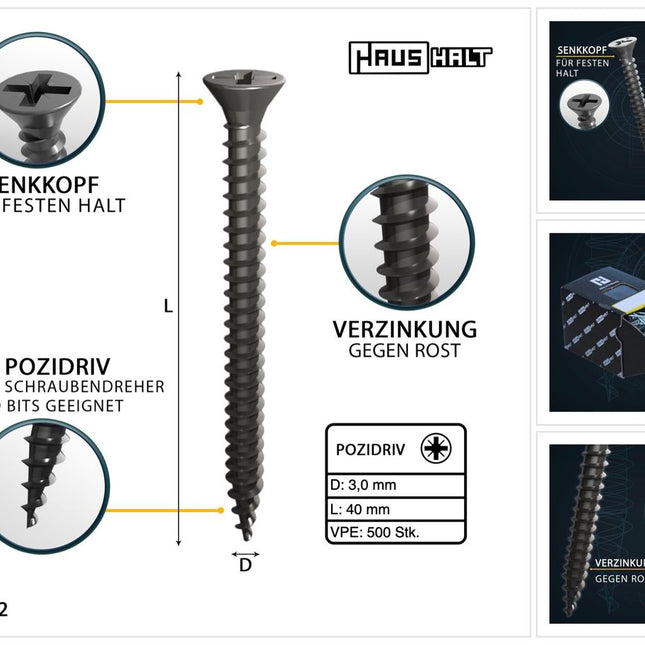 HausHalt Universal Holzbauschraube Holzschraube 3,0 x 40 mm PZ1 500 Stk. ( 000051371100 ) silber verzinkt Kreuzschlitz Pozidriv Senkkopf Vollgewinde - Toolbrothers