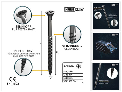 HausHalt Universal Holzbauschraube Holzschraube 4,0 x 45 mm PZ2 400 Stk. ( 000051371117 ) silber verzinkt Kreuzschlitz Pozidriv Senkkopf Teilgewinde - Toolbrothers