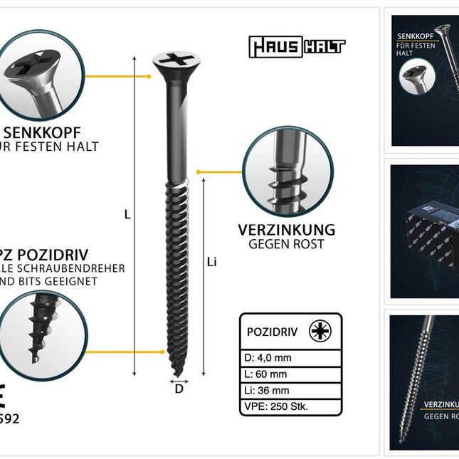 HausHalt Universal Holzbauschraube Holzschraube 4,0 x 60 mm PZ2 250 Stk. ( 000051371154 ) silber verzinkt Kreuzschlitz Pozidriv Senkkopf Teilgewinde - Toolbrothers