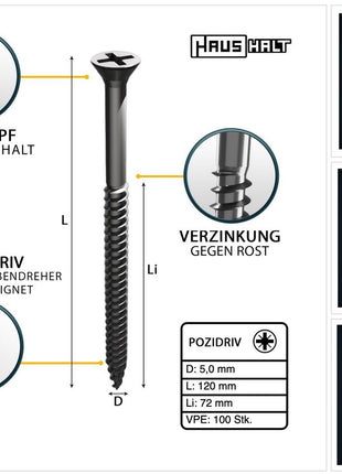 HausHalt Universal Holzbauschraube Holzschraube 5,0 x 120 mm PZ2 100 Stk. ( 000051371185 ) silber verzinkt Kreuzschlitz Pozidriv Senkkopf Teilgewinde - Toolbrothers