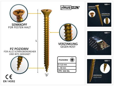 HausHalt Universal Holzbauschraube Holzschraube 5,0 x 40 mm PZ2 500 Stk. ( 000051371192 ) gelb verzinkt Kreuzschlitz Pozidriv Senkkopf Vollgewinde - Toolbrothers